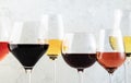 Wines assortment. Red, white, rose wine in wineglasses and bottles on gray background. Wine bar, shop, tasting concept Royalty Free Stock Photo