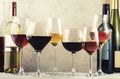 Wines assortment. Red, white, rose wine in wineglasses and bottles on gray background. Wine bar, shop, tasting concept Royalty Free Stock Photo