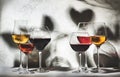 Wines assortment. Red, white, rose wine in wineglasses on gray background. Wine tasting concept. Hard sunlight and shadows from Royalty Free Stock Photo