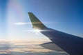 Wing of AirBaltic plane flying in the sky