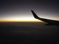 Wing of aircraft flying at dawn