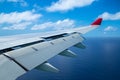 Wing of an airplane aero plane with landing flaps blue cloudy sky Royalty Free Stock Photo