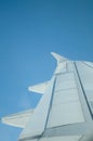 Wing of airplane against a blue sky Royalty Free Stock Photo