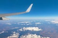 Wing of an airplane against a blue sky and white clouds in a blur.Selective focus.Concept of scenery,journey,flying Royalty Free Stock Photo
