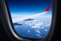 Wing airplane with blue sky from window,Beautiful blue sky view from commercial airplane window