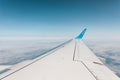 Wing of an airplane during a flight against a blue sky