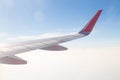 Wing of an airplane flying above the blue sky and clouds Royalty Free Stock Photo