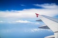 Aerial view of cloud blue sky and plane wing view through the airplane window Royalty Free Stock Photo