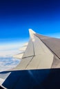 Wing of an airplane flying above the clouds. Morning cloudy sunrise with Wing of an airplane. picture for add text message or Royalty Free Stock Photo