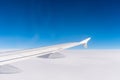 Wing of an airplane flying above the clouds. Window view of the blue sky.