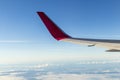 Wing of an airplane flying above the morning clouds and Andean mountain range Royalty Free Stock Photo