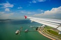 Wing of airplane flying above sea