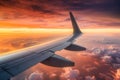 Wing airplane flying sunset. Generate Ai Royalty Free Stock Photo