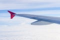 Wing airplane high above the clouds.