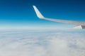 wing of an airplane in the sky with clouds flying over the ground Royalty Free Stock Photo