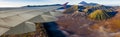 Wing of airplane and view of mountain Bromo vocano