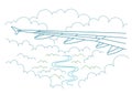 Wing of an airplane. View from the airplane window. Clouds, mountains and a river. Hand drawn sketch vector line contour