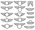 Wing army emblems, aviation badges, pilot labels line vector set