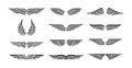 Wing badges. Eagle wings set, retro insignias, winged signs for aviation business emblems tattoos labels