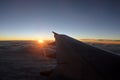 Wing of commercial airliner plane at dusk