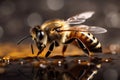 macro honey bee insect nature yellow honey pollen gold closeup background bee. Generative AI.