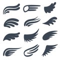 Wing icons. Different shapes of black wings emblems, birds feather heraldic symbol, vintage tattoo element. Angel logo Royalty Free Stock Photo