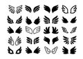 Wing pair icons. Simple angel or birds silhouette and line symbols, eagle hawk and phoenix feather wings set. Tattoo