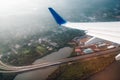 Wing of the plane on blue sky background Royalty Free Stock Photo