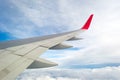 Wing of a plane, blue sky and clouds. Royalty Free Stock Photo