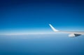 Wing of plane over white clouds. Airplane flying on blue sky. Scenic view from airplane window. Commercial airline flight. Plane