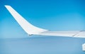 Wing of plane over white clouds. Airplane flying on blue sky. Scenic view from airplane window. Commercial airline flight. Plane Royalty Free Stock Photo