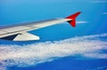 The wing of the plane on sky background Royalty Free Stock Photo