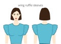 Wing ruffle sleeves short length clothes character beautiful lady in blue top, shirt technical fashion illustration