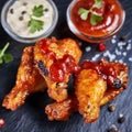 Slate Sensations: Succulent Wings with Rich Sauces, Showcased on a Stylish Black Background