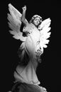 Winged Angel Grave Statue Raised Right Hand Holding Flowers in Left Hand black and white