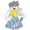 A winged angel with a handsome face is sitting relaxing greeting, doodle icon image kawaii