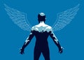 Winged angel with muscular strong body back view vector illustration, guardian angel concept.