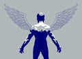 Winged angel with muscular strong body back view vector illustration, guardian angel concept, the power of good.