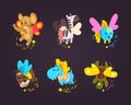 Winged Animal Characters Flying with Magic Wand Vector Set