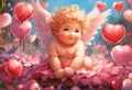 Winged baby cupid angel on pink flower petals on background with heart shaped balloons