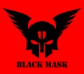 Winged black mask mascot on red background