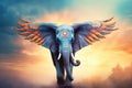 winged blue elephant at sunset illustration generative ai