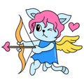 Winged cat love angel carrying arrows of love, doodle icon image kawaii