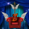 Winged chair and guitar