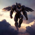 A winged cyborg flying in the sky digital art