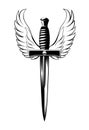 Winged Dagger black and white illustration of a dagger with wings on a white background