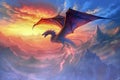 Winged dragon in a fantastic rocky landscape against a blue and red sky, made with generative ai