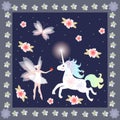 Winged Fairy with red apple and cheerful unicorn on floral and polka dot background.