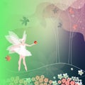 Winged fairy with red apple in summer forest.