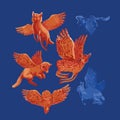 Winged fantasy forest animals isolated on blue background